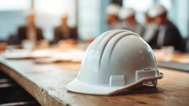 Construction Safety Meeting: A close-up of a hardhat rests on a rustic wooden table, with a construction team blurred in the background, signifying the importance of safety protocols in a meeting.