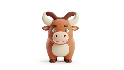 Fototapeta premium A cute, stylized claymation-style brown bull or ox figure with large horns on a white background.