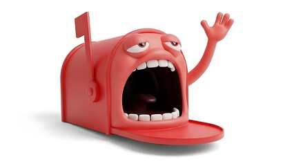 A humorous, anthropomorphic red mailbox with a wide-open mouth, teeth, and tired eyes, waving an arm, on a white background.