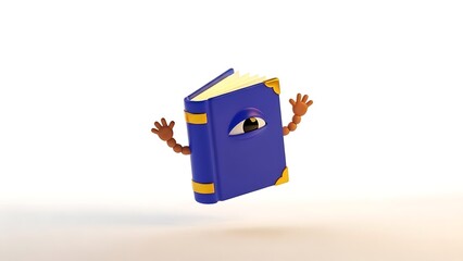 A whimsical 3D illustration of a magical blue book with a single eye and animated arms, floating on a white background.
