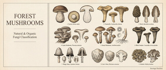 Explore a stunning vintage collection of engraved forest mushrooms showcasing their unique beauty and natural forms