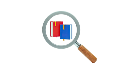 Magnifying glass over red and blue books