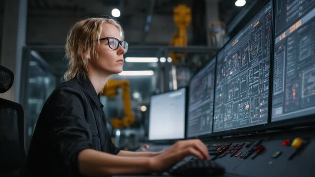 Mastering the Technology: A skilled operator meticulously monitors an array of digital screens, focused on a modern control panel to analyze data and maintain the integrity of sophisticated systems.