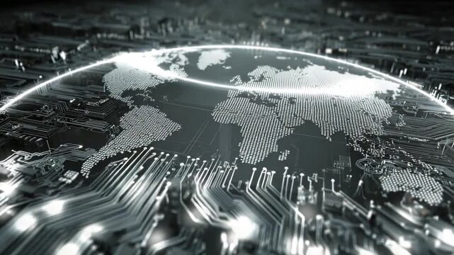 Global Connection Circuitry: A captivating display of intricate circuits and illuminated lines forms a symbolic representation of a globe, showcasing the seamless connectivity of the digital world. 