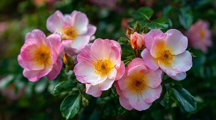 A Beautiful Display of Pink and Yellow Roses Flourishing Amidst Lush Green Leaves in a Garden Setting