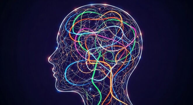 Abstract visualization of a human head silhouette filled with colorful, interconnected neural network pathways representing thoughts and ideas