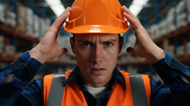 Stressed worker in hard hat and vest with perspiration at warehouse. Concept of pressure, factory job and safety in a manufacturing environment.