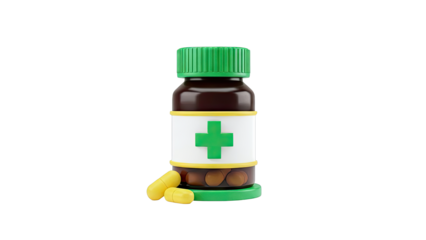 Medicine bottle with pills and a green cross symbol