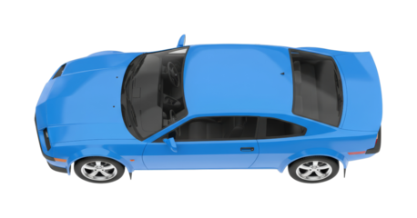 Sleek blue sports car with a powerful design is presented in a high-angle, top-down view, showcasing its dynamic lines and modern aesthetic.