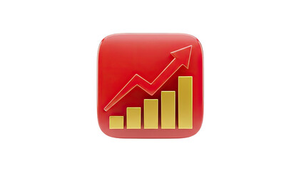 3D Red Icon with Golden Bar Graph and Upward Arrow on transparent background