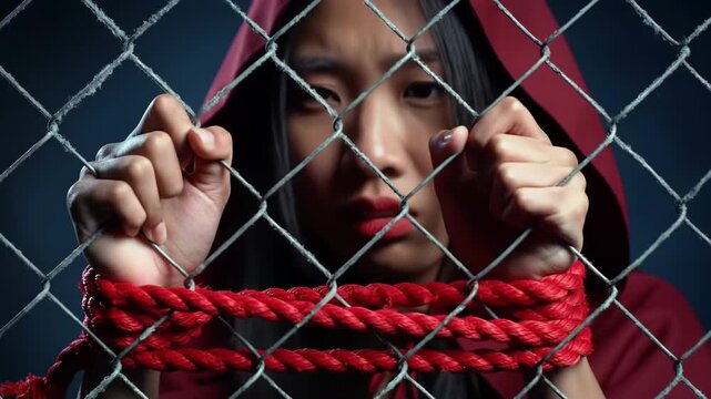 A distressed young woman in a red hood with bound hands grasps a metal fence against a dark blue backdrop. Emphasizes fear and captivity.