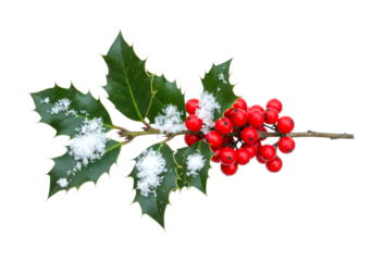 Holly sprig with vibrant red berries and fresh snow creates a classic festive symbol for winter holidays and seasonal celebrations.