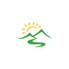 Mountain landscape nature view logo with sunrise in flat vector design style
