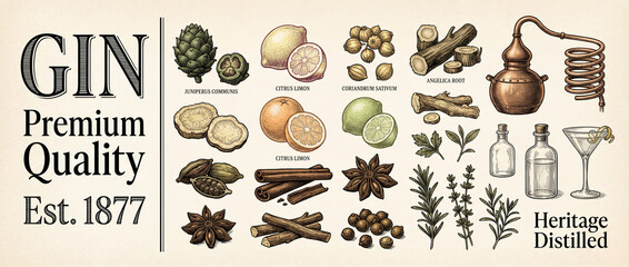 Experience the rich artistry of premium gin crafting with curated botanical ingredients and vintage engraving style