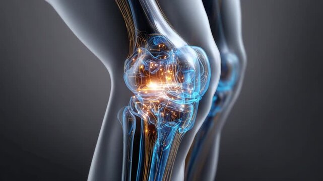Anatomy of the Knee: a detailed, three-dimensional digital illustration showcasing the complex structure of the knee joint with glowing highlights against a dark backdrop.