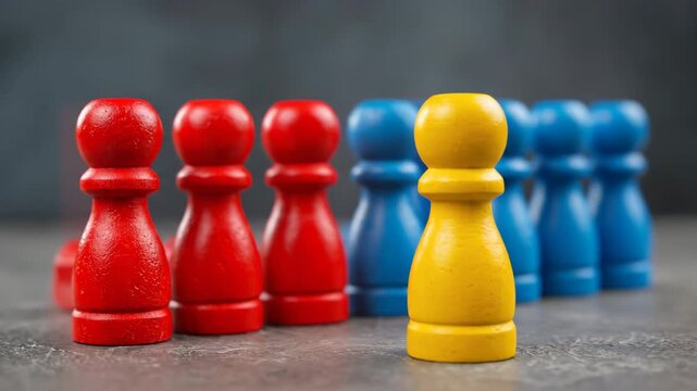 A single yellow pawn standing out in front of red and blue pawns forming a group, symbolizing leadership and individuality on a textured background.