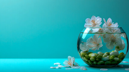 Photo of a glass fish bowl with green pebbles and white flowers floating on a pastel blue background, a banner for a spa, salon, or beauty studio with copy space, a banner mockup template.