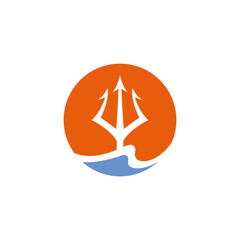 trident logo with waves and sun in flat design concept
