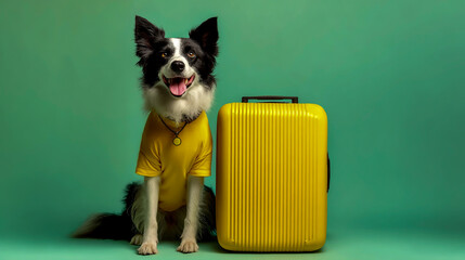 Photo of a happy border collie dog wearing a yellow shirt and swimming ring, sitting next to a large travel suitcase against a pastel background, in a minimalist style