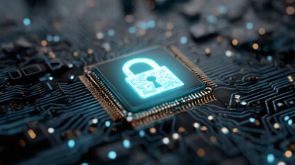 Digital Fortress: The image reveals a glowing padlock symbol superimposed onto a computer chip, symbolizing secure digital environment and technology. - Powered by Adobe