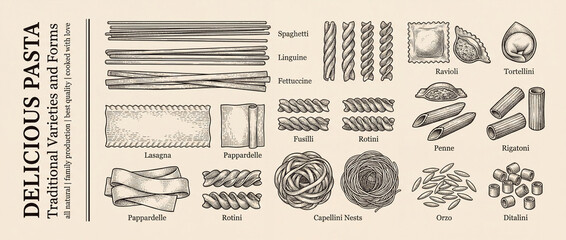 Explore premium engraved designs featuring a variety of pasta shapes in an artistic display for culinary enthusiasts