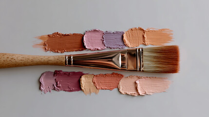 Photo of a paintbrush with pastel color swatches on it, on a white background, an aesthetic palette with soft peach and pink tones, in a flat lay composition.