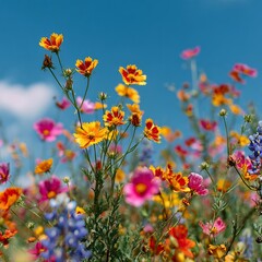 A Vibrant Mosaic of Colorful Wildflowers Blooming Under a Bright Blue Sky, Showcasing Nature's Splendor and Beauty in Full Glory