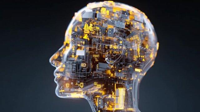 Digital Mindscape: A luminous, transparent human silhouette, interwoven with intricate circuit boards and glowing digital pathways, symbolizing the convergence of technology and human intellect.