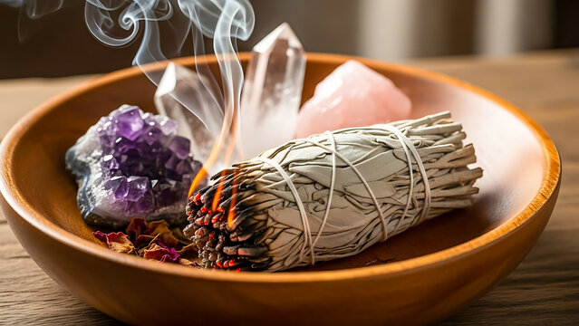 Burning sage bundle with crystals in wooden bowl sage smudging