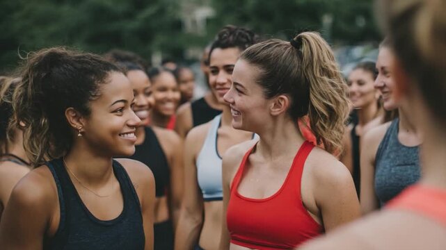 Smiling Fitness Group: A group of fitness enthusiasts exchange smiles, camaraderie radiating amongst them as they engage in a shared workout experience. Embracing unity and the vitality of wellness.