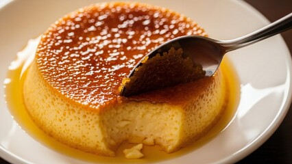 A delicious flan dessert on a white plate with a spoon