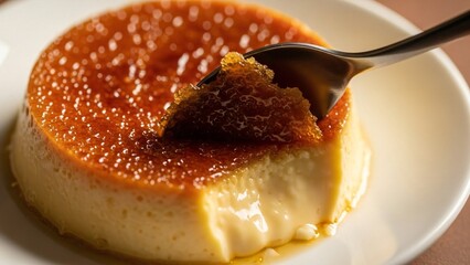 A creamy flan dessert with caramelized sugar on top being served with a spoon