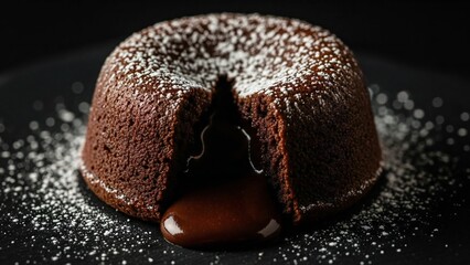 A decadent chocolate lava cake with a gooey center, sliced and dusted with powdered sugar