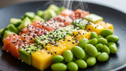 A vibrant and healthy dish of sashimi salmon, mango, avocado, and edamame on a black plate