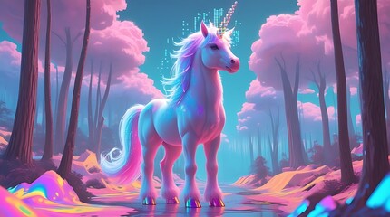 majestic holographic unicorn fantasy landscape