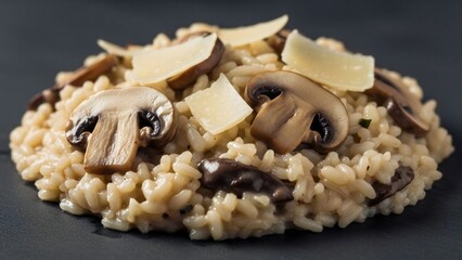 A delicious plate of risotto with mushrooms and parmesan cheese on a dark background