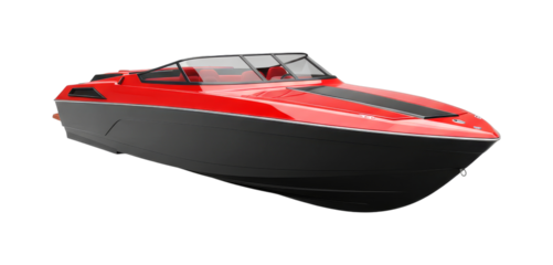 Modern red and black speed boat with a sleek design and luxurious red interior, ready for high-speed water adventures and recreational fun.