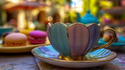 Photo of a pastel-colored ceramic lotus cup and saucer, with a golden rim, on a tabletop view. In front, there is a plate with three items on it.