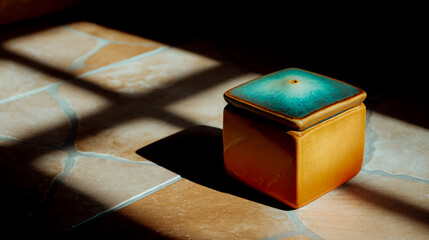 Photo of a small, square ceramic container with an orange body and turquoise lid on the floor in front of bright sunlight, casting shadows