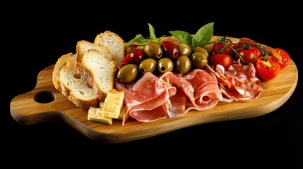 a visually appealing mediterranean platter arrangement featuring cured meats, assorted olives, fresh tomatoes, aromatic basil, and slices of crusty bread