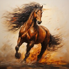 Majestic Brown Horse Galloping Wildly with Flowing Mane in a Dynamic Artistic Painting