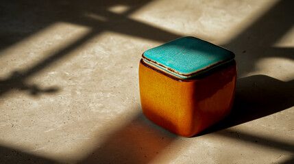 Photo of a small, square ceramic container with an orange body and turquoise lid on the floor in front of bright sunlight, casting shadows