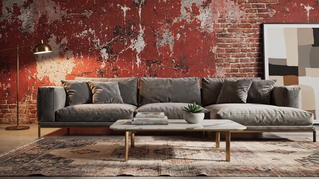 A cozy living room with grey sofa, marble table, rug, golden lamp, and textured red wall