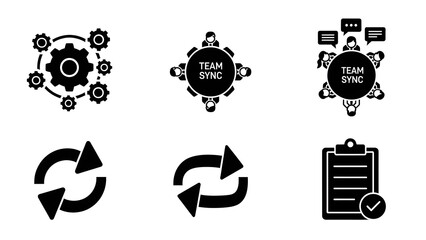 Diverse set of black and white vector icons for business operations, including gears, team synchronization, communication, refresh arrows, and task completion, ideal for modern design projects