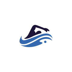 swimmer logo with blue waves in flat vector design style