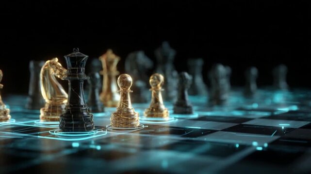 Strategic Chessboard: A dynamic perspective of chess pieces positioned on a glowing chessboard, set against a dark background, reflecting the complex strategy and intricate game.