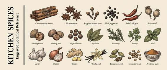 Naklejka premium Explore a rich collection of engraved kitchen spices that highlight nature's finest flavors and aromas