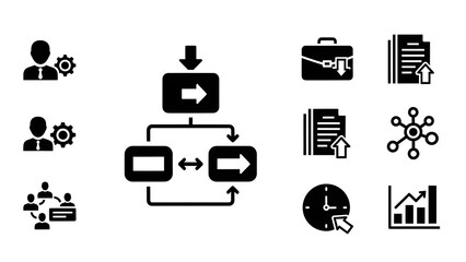 Collection of business and workflow icons representing collaboration, processes, and data analysis