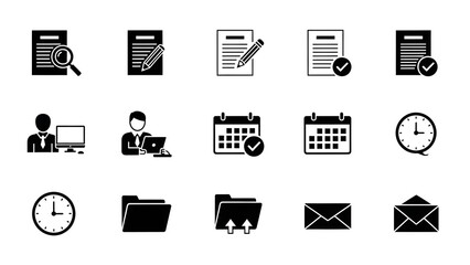 Business and office icons representing tasks, planning, organization, and communication for digital and print use