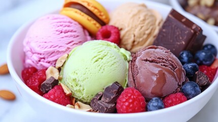 an appetizing display of assorted ice cream scoops and delectable accompaniments in a pristine white bowl, a delightful dessert indulgence